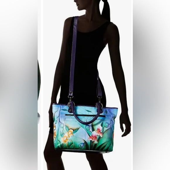 NEW - Anuschka Hand Painted Large Multi Compartment Tote Bag - Blue Peac… - Picture 11 of 11
